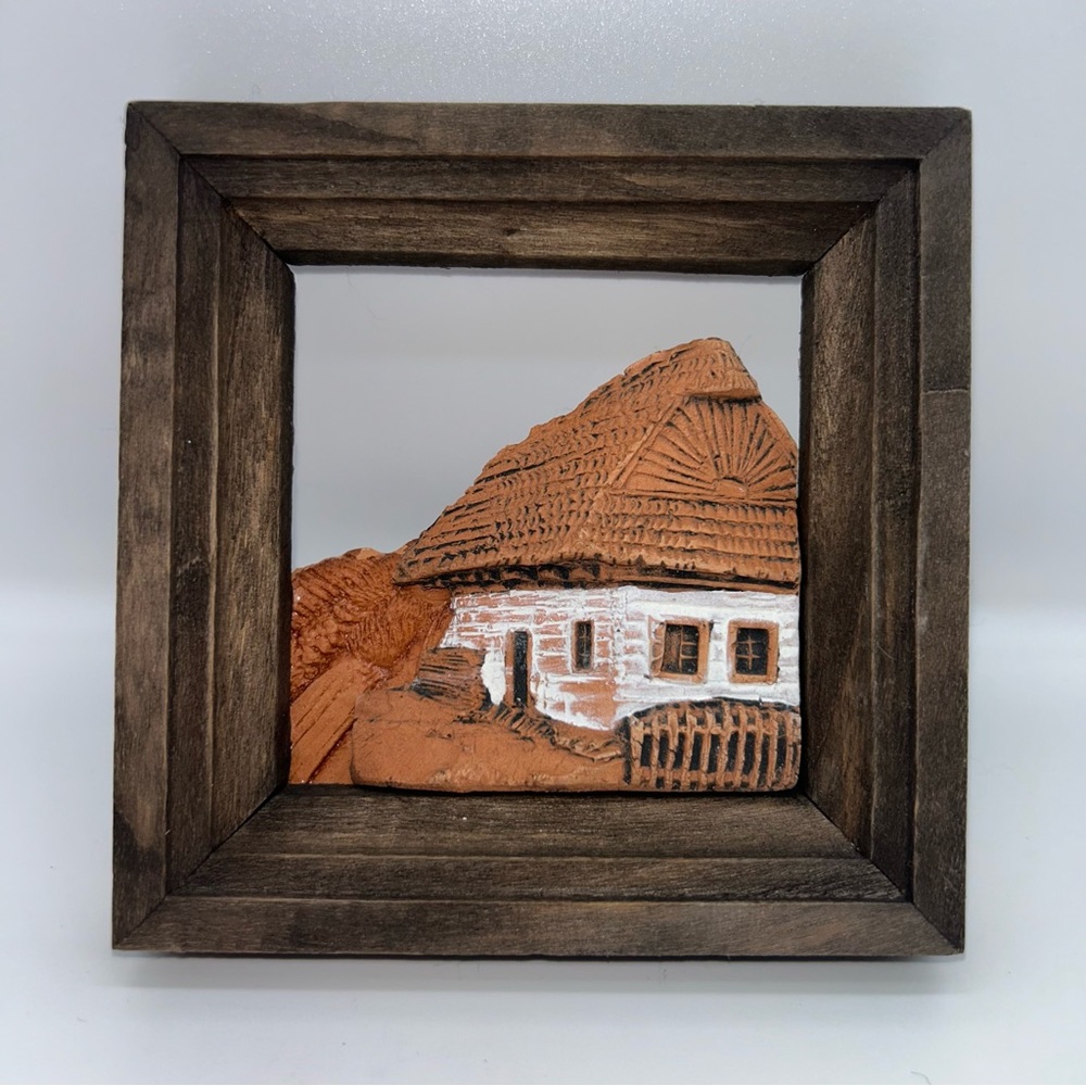 Vintage Folk Art 3D clay plaque small 4.5" rustic cottage European inspired